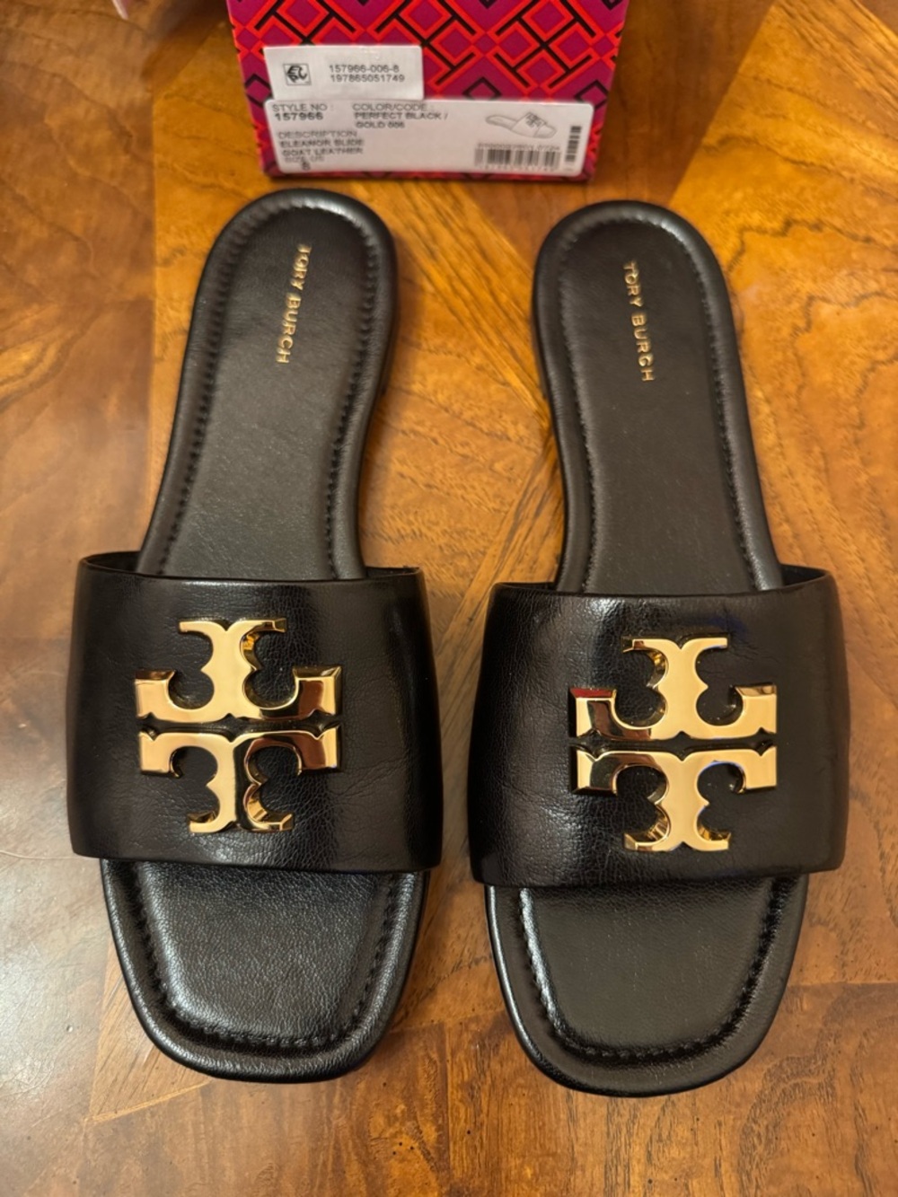 Tory Burch Eleanor Black Leather Slide Sandals with Gold Logo Emblem